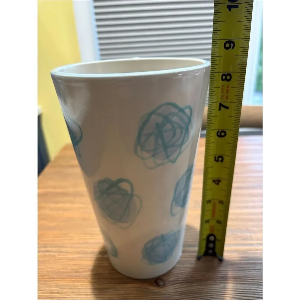 Rare Atomic Swirl Cream Ceramic Vase with Light Blue Scribble Pattern